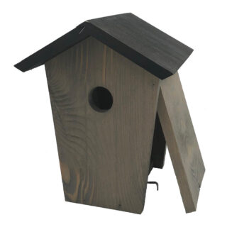 grijs houten vogel huisje met zwart dakje